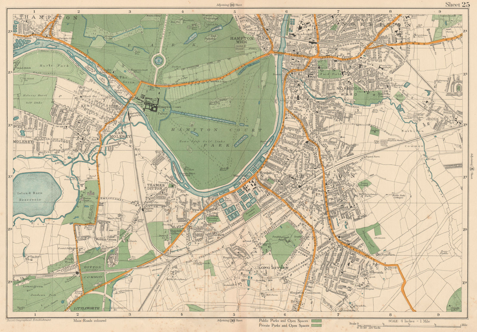 KINGSTON-UPON-THAMES Surbiton Molesey Hampton Court Thames Ditton.BACON 1927 map